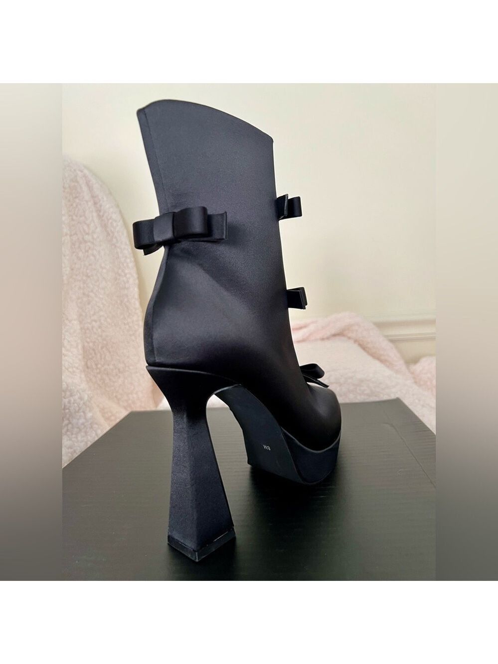 NIB Dolls Kill Widow Mourning Belle Heeled Booties Black Pointed Tow Bow Satin - Picture 3 of 13